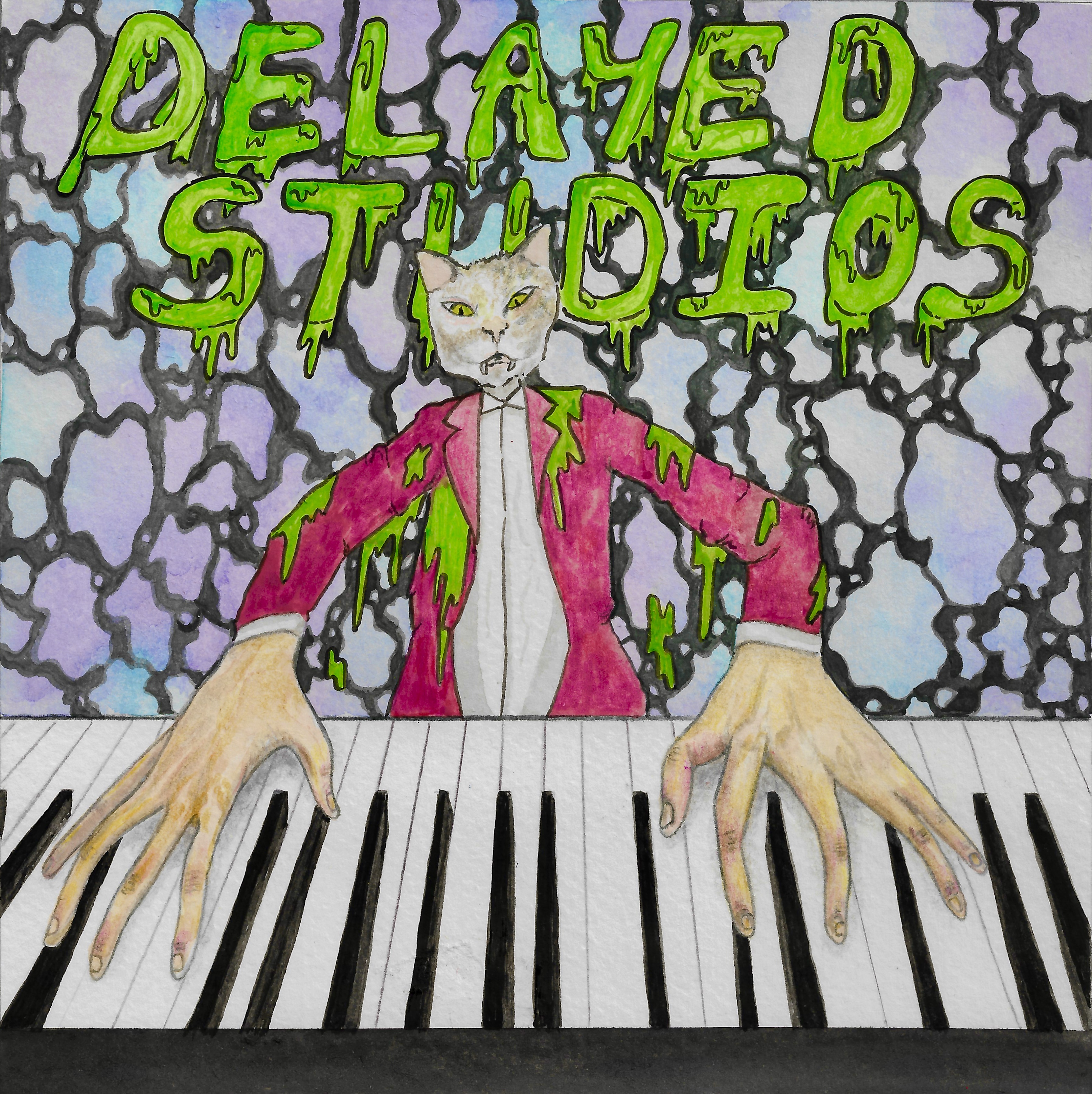 waterpaint/colour pencil illustration of a cat/human character playing the keys, a poster made for delayed studios
